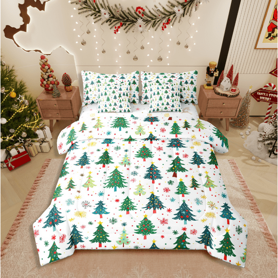 Castle Fairy Christmas Tree 7-Piece Twin Bedding Sets for Children,Polka Dots Bedding Comforter Set,Happy New Year Breathable Sheet Sets,Breathable Home Decor
