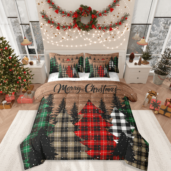 Castle Fairy Christmas Tree 7-Piece Twin Bedding Sets for Teenagers,Geometric Plaid Bedding Comforter Set,Lodge Cabin Breathable Sheet Sets,Super Cozy Room Decor