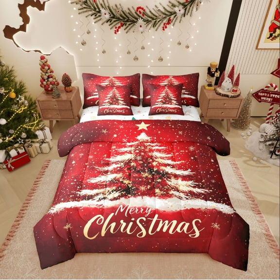 Castle Fairy Christmas Tree 7-Piece Twin Bedding Sets for Teenagers,Winter Snowflakes Bedding Comforter Set,Happy New Year Breathable Sheet Sets,Breathable Home Decor