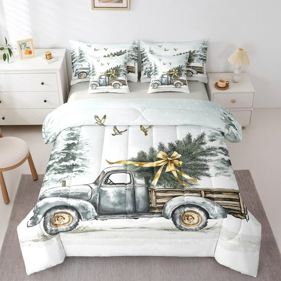 Castle Fairy Christmas Tree 7-Piece Twin Bedding Sets for Teenagers,Xmas Truck Bedding Comforter Set,Festival Theme Breathable Sheet Sets,Luxury Bedroom Decor