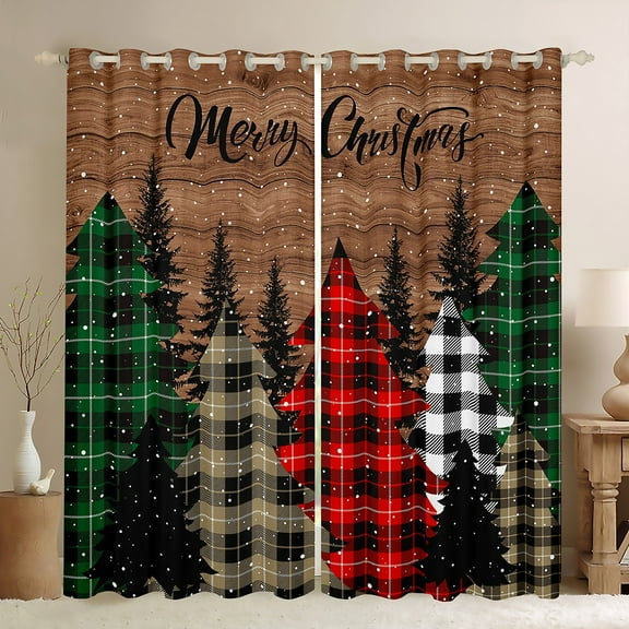 Castle Fairy Christmas Tree Black Out Curtains for Teenagers,Geometric Plaid Curtains Pack of 2 (42x63 Each),Lodge Cabin Bedroom Curtains,Super Cozy Room Decor
