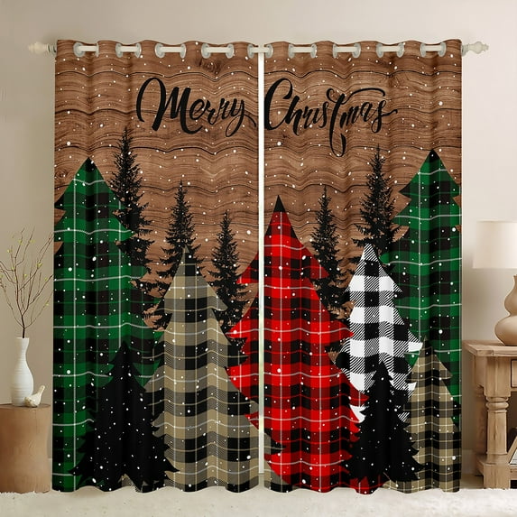 Castle Fairy Christmas Tree Curtains Pack of 2 (42x84 Each) for Teenagers,Geometric Plaid Curtains Blackout,Lodge Cabin Bedroom Curtains,Super Cozy Room Decor
