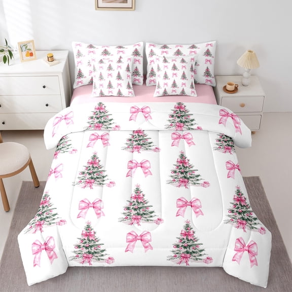 Castle Fairy Christmas Tree Girl 7-Piece Bedding Comforter Set,Pink Bow King Bedding Sets,Happy New Year Ultra Soft Bed Sheets,Super Cozy Room Decor