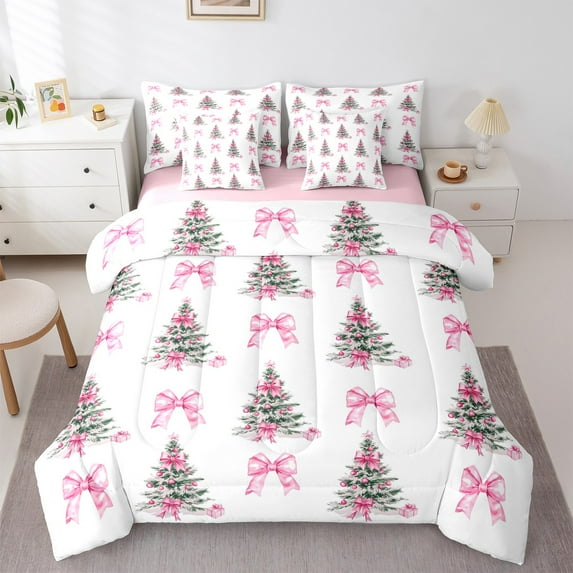 Castle Fairy Christmas Tree Girl 7 Pieces Bedding Comforter Set,Pink Bow Full Bedding Set Lightweight,Happy New Year Fitted Sheet Flat Sheet,Super Cozy Room Decor