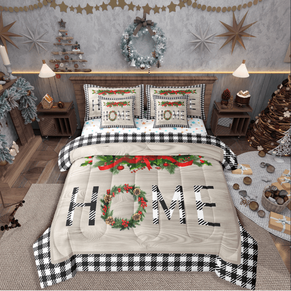 Castle Fairy Christmas Wreath 7-Piece Twin Bedding Sets for Teenagers,Rustic Vintage Bedding Comforter Set,Geometric Lattice Breathable Sheet Sets,Super Cozy Room Decor