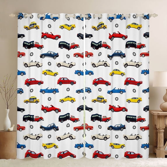Castle Fairy City Vehicle Pattern Black Out Curtains for Boys, Wheel Print Curtains Pack of 2 (42x63 Each) for Bedroom, Red Black