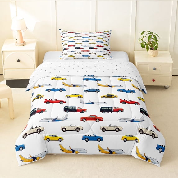 Castle Fairy City Vehicle Pattern Twin Comforter Sets 3-Piece for Teens, Airplane Print Bedding Set for Bedroom, Red Blue