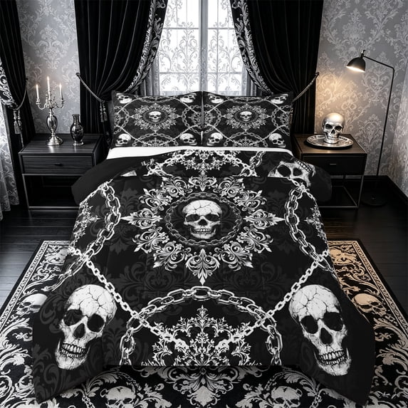 Castle Fairy Classic Dark Gothic Skull Full Size Comforter Sets 3-Piece,Chain Vintage Damask Allover Print Bedding Comforter Set,Ivory Blacks,1 Comforter and 2 Pillowcases,Black Reversible
