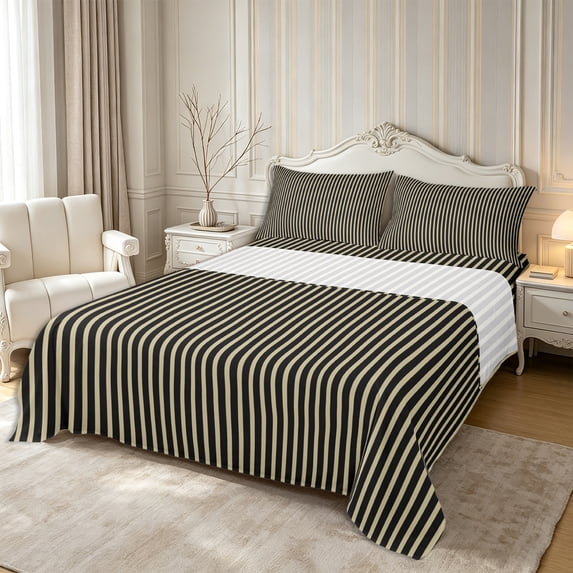 Castle Fairy Classic Geometric Stripe King Sheets 4pcs,Minimalist Vertical Band Bedding,Beige Black,1 Flat Sheet, 1 Fitted Sheet and 2 Pillowcases
