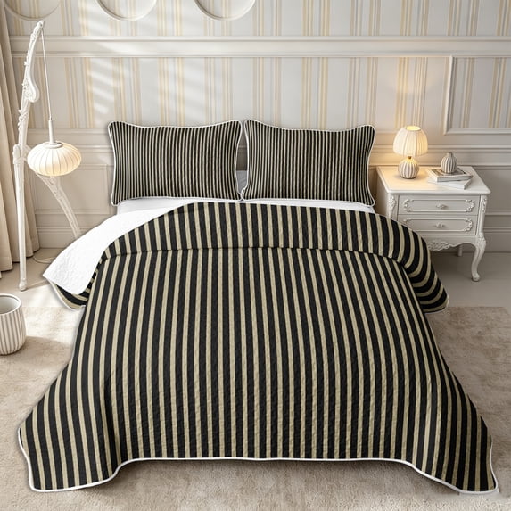 Castle Fairy Classic Geometric Stripe Quilt King 3 Pieces,Minimalist Vertical Band King Coverlet Set,Beige Black,1 Bedspread and 2 Pillowcases