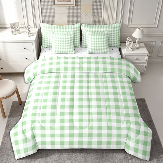 Castle Fairy Classic Gingham Check 7-Piece Twin Bedding,Retro Grid Pattern Bedding Comforter Set,Sage White,Reversible