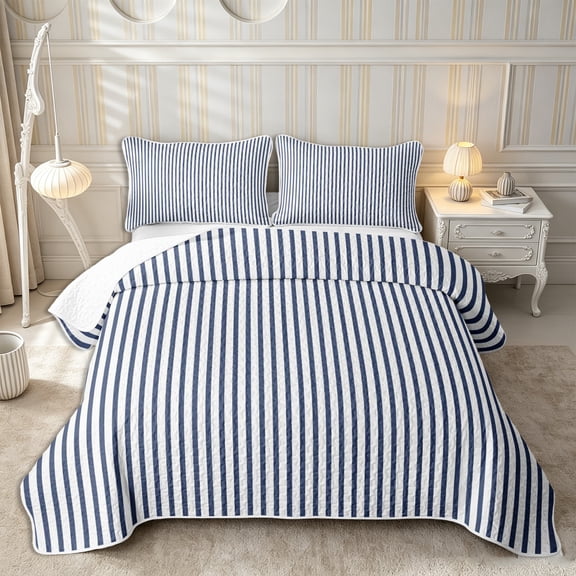 Castle Fairy Classic Nautical Linear Band Bed Spread Queen 3pcs,Vintage Vertical Pattern Queen Coverlet Set,White Navy Blue,1 Quilt and 2 Pillowcases