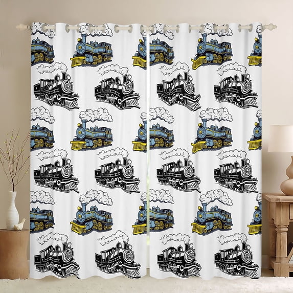 Castle Fairy Classic Steam Engine Blackout Curtains Set of 2 (52x84 Each) for Boys, Black Outline Window Curtains for Bedroom, Blue and Yellow