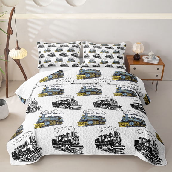 Castle Fairy Classic Steam Engine Quilt Full for Boys,Black Outline Full Bedspread Sets for Bedroom,Blue and Yellow