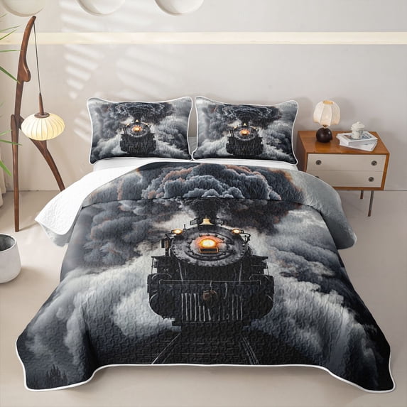Castle Fairy Classic Steam Train Quilt Full,Smoke Burst Art Full Bedspread Sets for Bedroom,Ivory Black