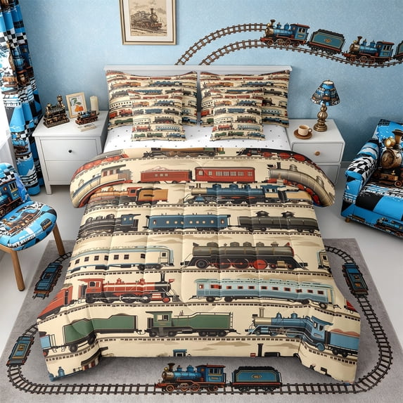 Castle Fairy Classic Train Pattern Bedding Comforter Set 7 Pieces for Teens, Steam Engine Print Full Bedding Set for Bedroom, Blue Beige