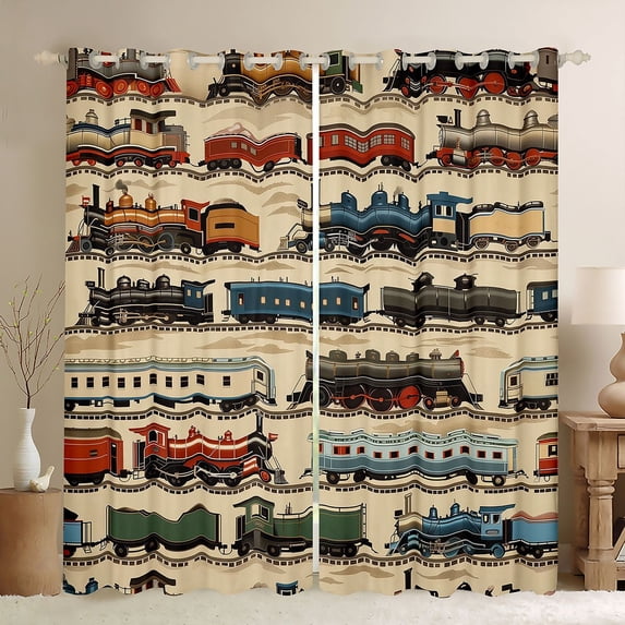 Castle Fairy Classic Train Pattern Blackout Curtains Set of 2 (52x84 Each) for Teens, Steam Engine Print Window Curtains for Bedroom, Blue Beige