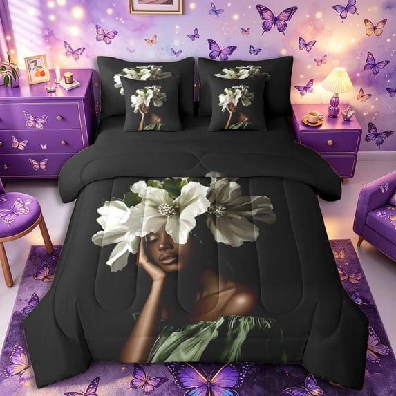 Castle Fairy Classic White Floral King Bedding 7pcs,Black Kawaii Princess King Bed in a Bag,Green Ivory Cream,Black Reversible