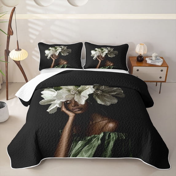 Castle Fairy Classic White Floral Twin Quilt Set,Black Kawaii Princess Twin Coverlet Set,Green Ivory Cream