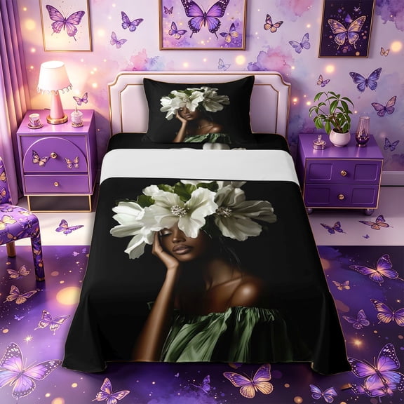 Castle Fairy Classic White Floral Twin Sheets 3pcs,Black Kawaii Princess Bedding,Green Ivory Cream,1 Fitted Sheet, 1 Flat Sheet and 1 Pillowcase