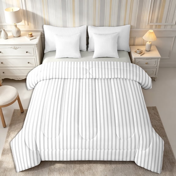 Castle Fairy Clean Minimalist Vertical Stripe 7-Piece Twin Bedding,Geometric Thin Band Bedding Comforter Set,White Light Gray,Reversible