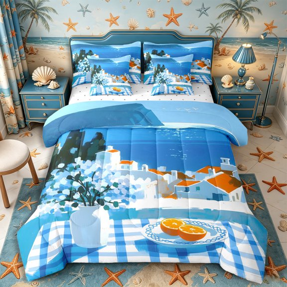 Castle Fairy Coastal Tabletop Painting Full Size Bedding Sets 7 Pieces,Hydrangea Orange Slice Cliff Village Layout Full Size Bed in a Bag,Blue White,Reversible