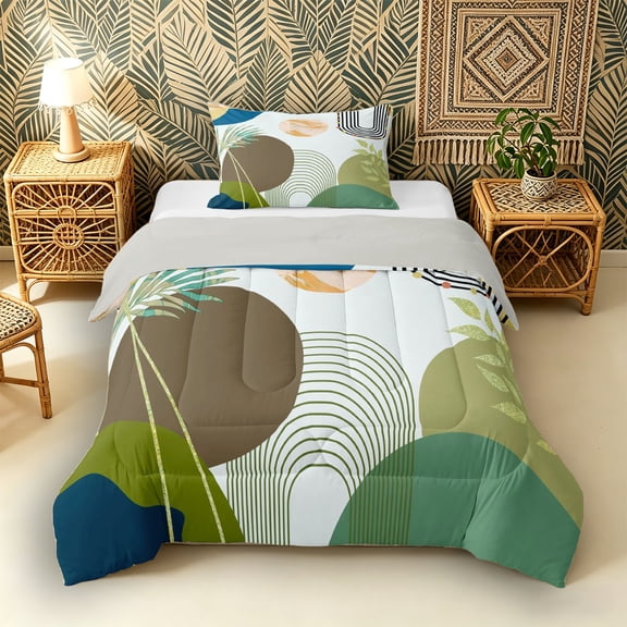 Castle Fairy Colorful Abstract Twin Comforter Sets 3-Piece for Kids, Painted Circle Bedding Set for Modern Room, Blue and Green,Grey Reversible
