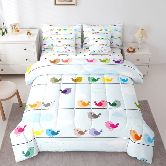 Castle Fairy Colorful Birds Bedding Comforter Set,Cartoon Animal Full Bedding Set