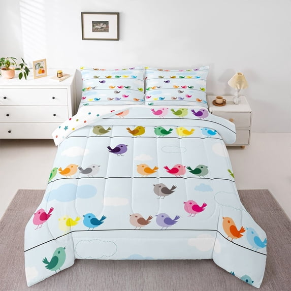 Castle Fairy Colorful Birds Queen Comforter Set,Cartoon Animal Bedding Comforter Set