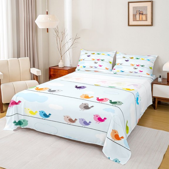 Castle Fairy Colorful Birds Twin Sheet Sets for Preppy Children,Cartoon Animal Bedding