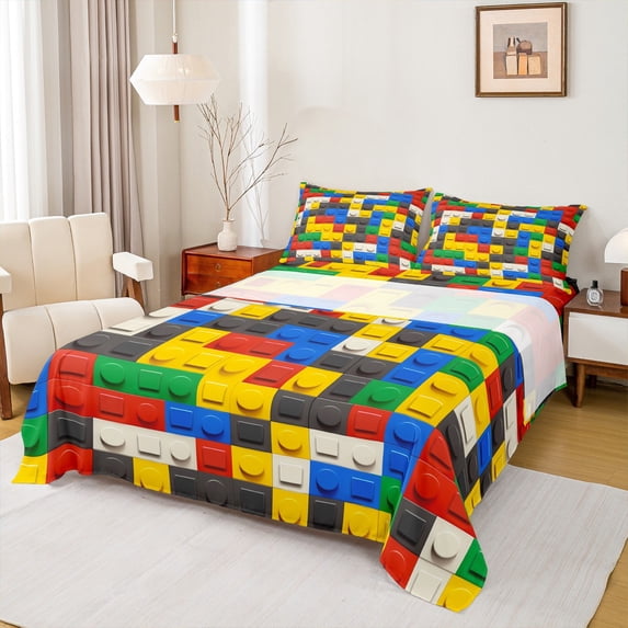 Castle Fairy Colorful Brick 4 Pieces Queen Sheet Sets,Building Blocks Ultra Soft Flat Sheet,Construction Game Queen Fitted Sheet,Luxury Kids Bedroom Decor
