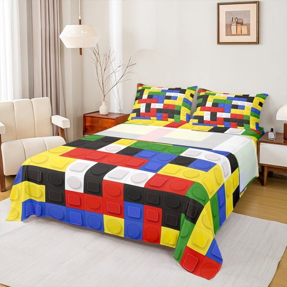 Castle Fairy Colorful Brick 4 Pieces Queen Sheet Sets,Building Blocks Ultra Soft Flat Sheet,Construction Game Queen Fitted Sheet,Microfiber Cartoon Bedroom Decor