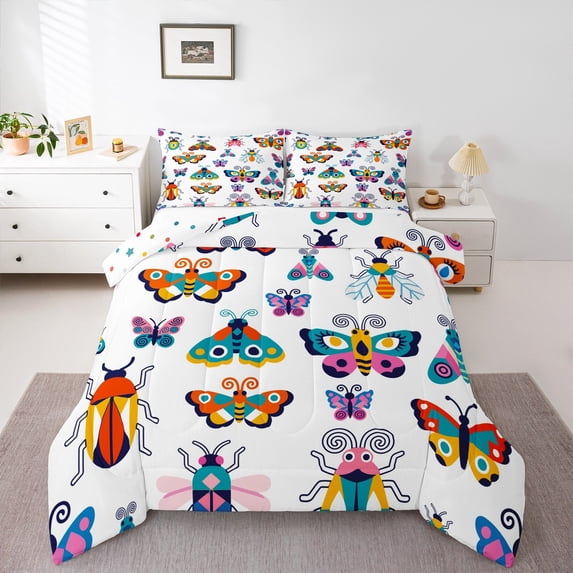 Castle Fairy Colorful Butterflies Girl Full Size Comforter Sets 3-Piece,Spring Garden Bedding Comforter Set,Abstract Cartoon Animal Lightweight Bedding Sets,Breathable Home Decor,Reversible