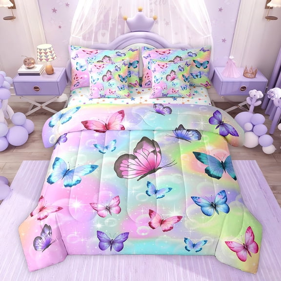 Castle Fairy Colorful Butterfly Bedding Comforter Set,Bling Glitter Print Full Bedding Set