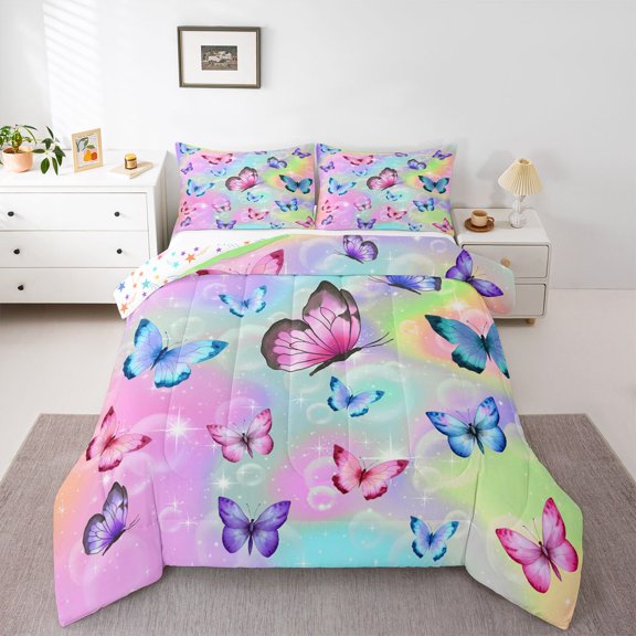 Castle Fairy Colorful Butterfly Girl Twin Comforter Sets,Bling Glitter Print Bedding Set