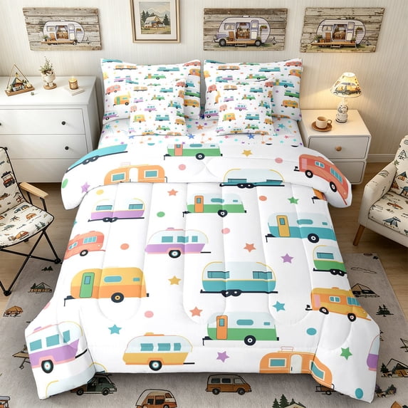 Castle Fairy Colorful Camper Pattern Bedding Comforter Set 7-Piece for Kids, Star Print King Bedding Sets for Bedroom, Green Blue Orange