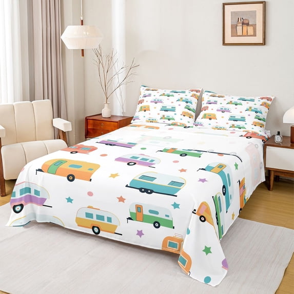 Castle Fairy Colorful Camper Pattern Queen Sheet Sets 4 Pieces for Kids, Star Print Bed Set for Bedroom, Green Blue Orange
