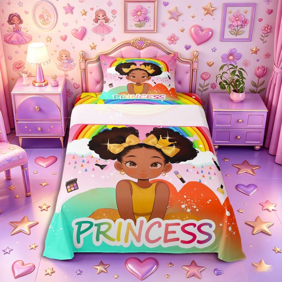 Castle Fairy Colorful Cartoon Black Princess Twin Sheets 3pcs,Fun Rainbow Music Note Bedding,Pink Rainbow Yellow,1 Fitted Sheet, 1 Flat Sheet and 1 Pillowcase