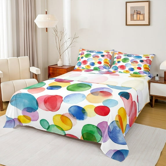 Castle Fairy Colorful Circle 3pcs Twin Sheet Sets for Teenagers,Abstract Watercolor Twin Fitted Sheet,Abstract Gradient Breathable Flat Sheet,Breathable Home Decor