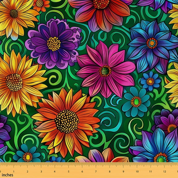 Castle Fairy Colorful Flower Fabric by the Yard 1 Yard,Bohemian Theme Home Decor Fabric by the Yard,Green White Room Decor Fabric by the Yard,Breathable Home Decor