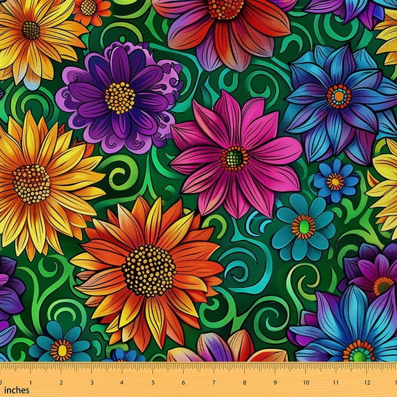 Castle Fairy Colorful Flower Fabric by the Yard 2 Yards,Bohemian Theme Room Decor Fabric by the Yard,Green White Sewing Fabric,Breathable Home Decor