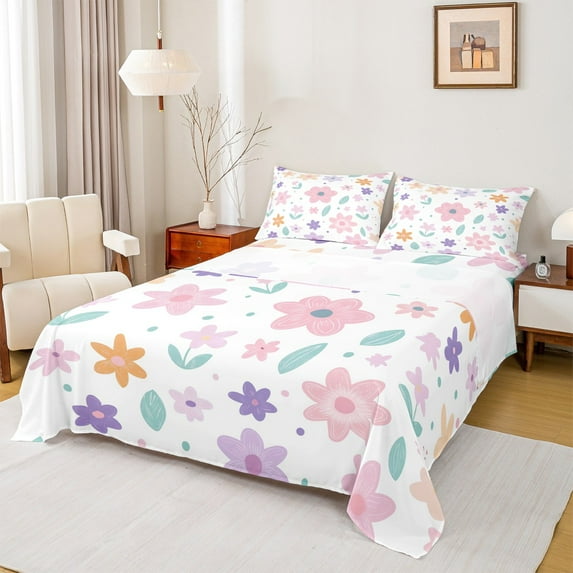 Castle Fairy Colorful Flowers 4pcs Bed Sheets for Boys Girls,Spring Garden King Sheets,Chic Floral Blossoms Super Cozy Sheet Set,Luxury Bedroom Decor