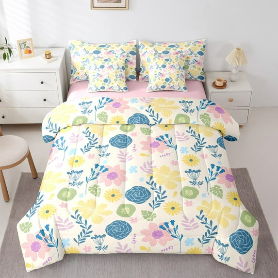 Castle Fairy Colorful Flowers 7-Piece Twin Bedding Sets for Women Girls Teens,Spring Graden Bedding Comforter Set,Botanical Plants Breathable Sheet Sets,Breathable Home Decor