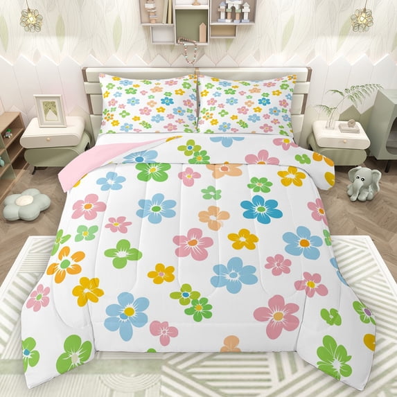 Castle Fairy Colorful Flowers Full Size Comforter Sets 3-Piece for Boys Girls,Spring Garden Bedding Comforter Set,Chic Floral Blossoms Lightweight Bedding Sets,Luxury Bedroom Decor,Reversible
