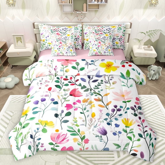 Castle Fairy Colorful Flowers Twin Bedding Sets 7-Piece for Boys Girls,Chic Floral Blossoms Bedding Comforter Set Microfiber,Retro Vintage Aesthetic Breathable Sheet Sets,Ultra Soft Home Decor
