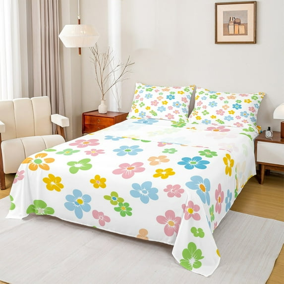 Castle Fairy Colorful Flowers Twin Sheet Sets 3pcs for Boys Girls,Spring Garden Twin Fitted Sheet Microfiber,Chic Floral Blossoms Breathable Flat Sheet,Luxury Bedroom Decor