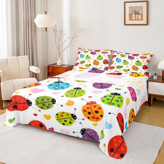 Castle Fairy Colorful Ladybird 4 Pieces Queen Sheet Sets for Female Men,Cartoon Ladybug Ultra Soft Flat Sheet,Love Heart Print Queen Fitted Sheet,Luxury Bedroom Decor