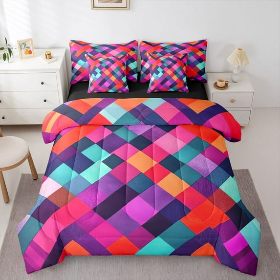 Castle Fairy Colorful Plaid Girl Bedding Comforter Set,Geometric Grid Full Bedding Set