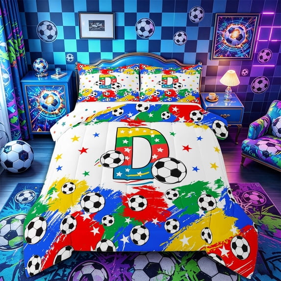 Castle Fairy Colorful Soccer Letter D King Size Comforter Sets 3pcs, Stars Print Comforters King Size, Yellow Red Blue Green,1 Comforter and 2 Pillowcases