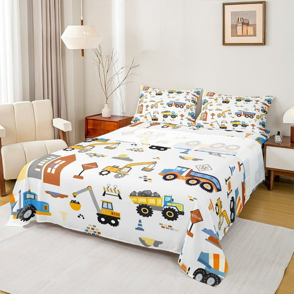 Castle Fairy Colorful Tractor 4pcs Bed Sheets for Kids Teens,Cartoon Truck Excavator King Sheets,Construction Vehicles Super Cozy Sheet Set,Lightweight Room Decor